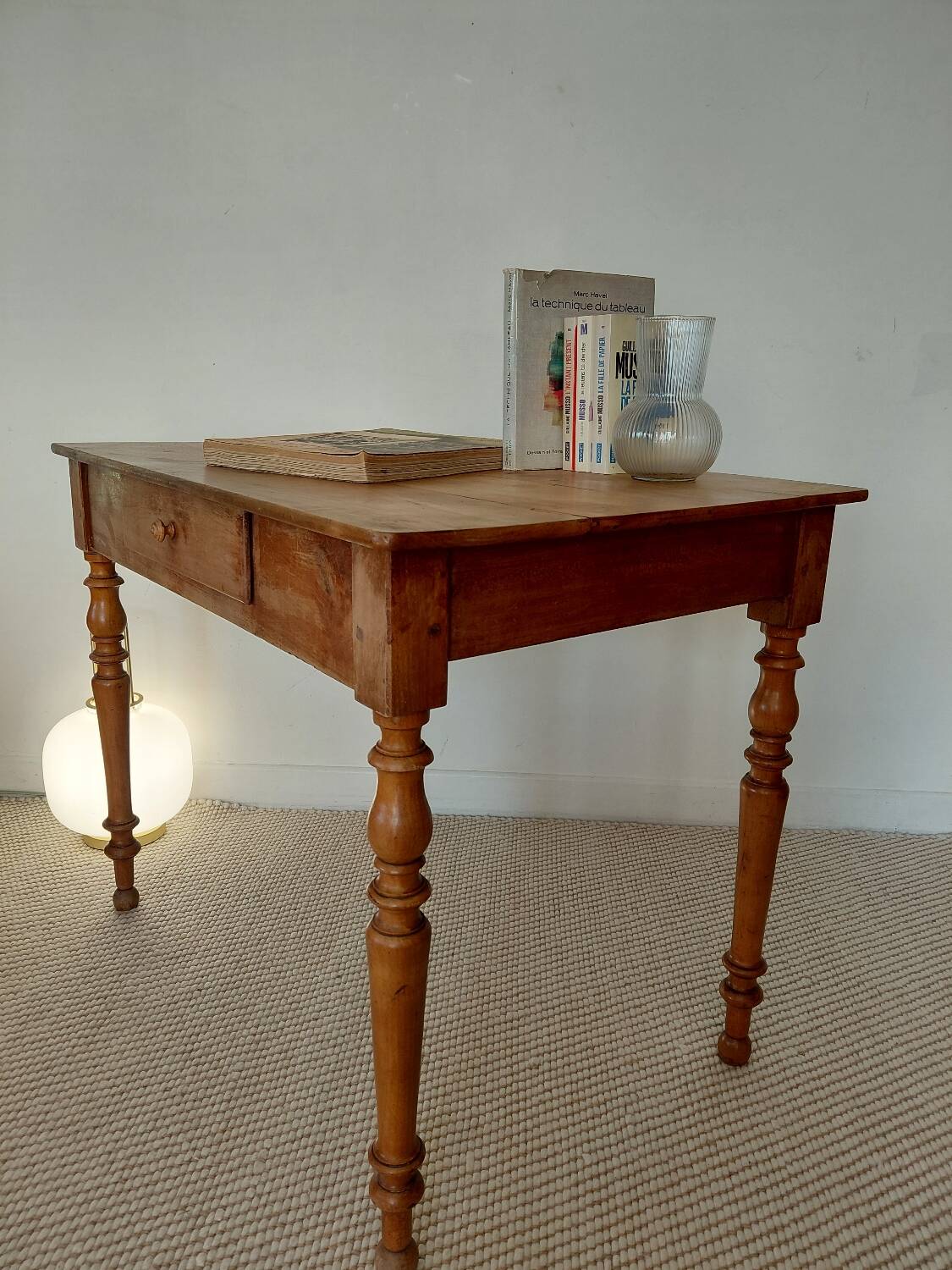 Old solid wood console - turned legs - drawer in chic country style