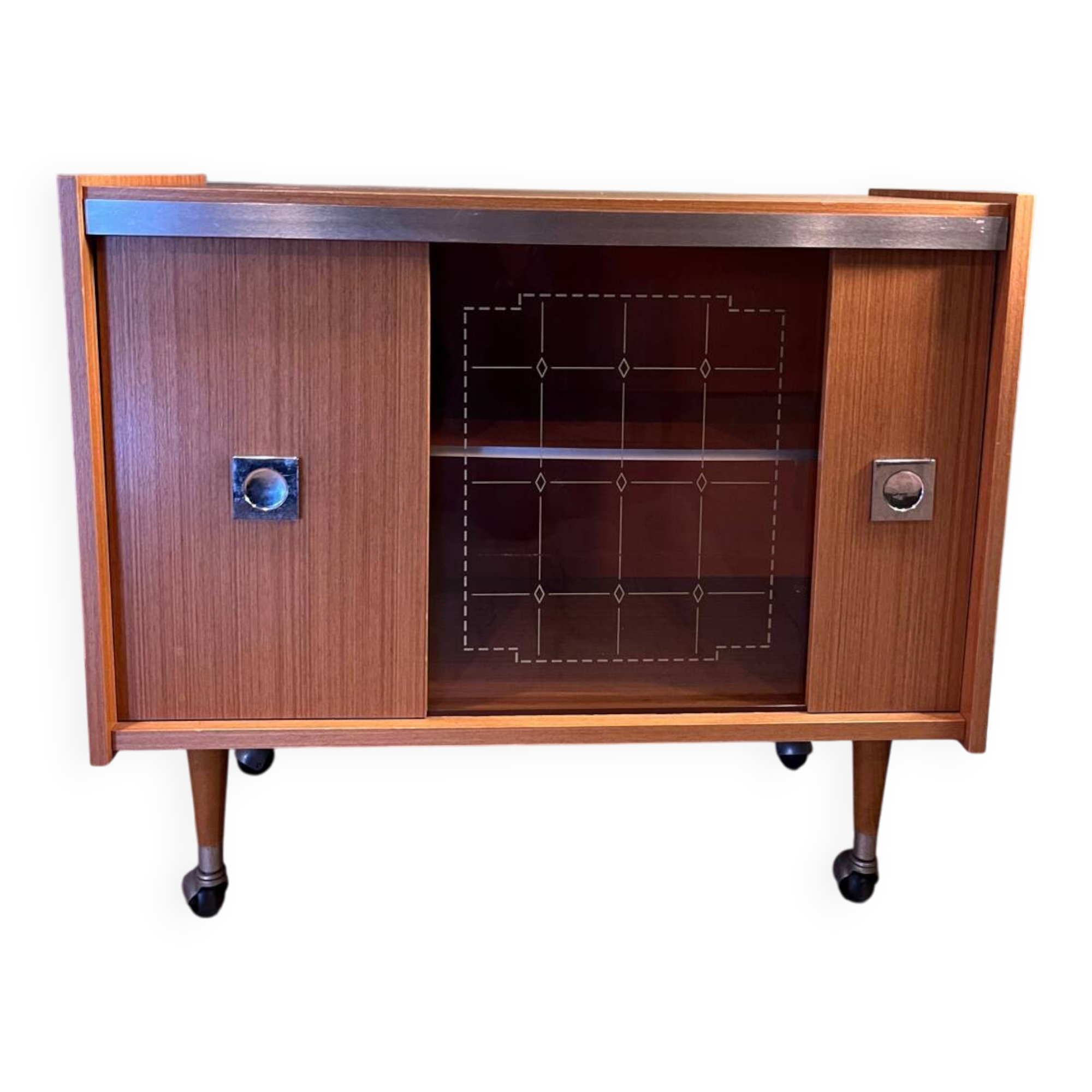 Vintage 1960s bar cabinet, Scandinavian style, on wheels.