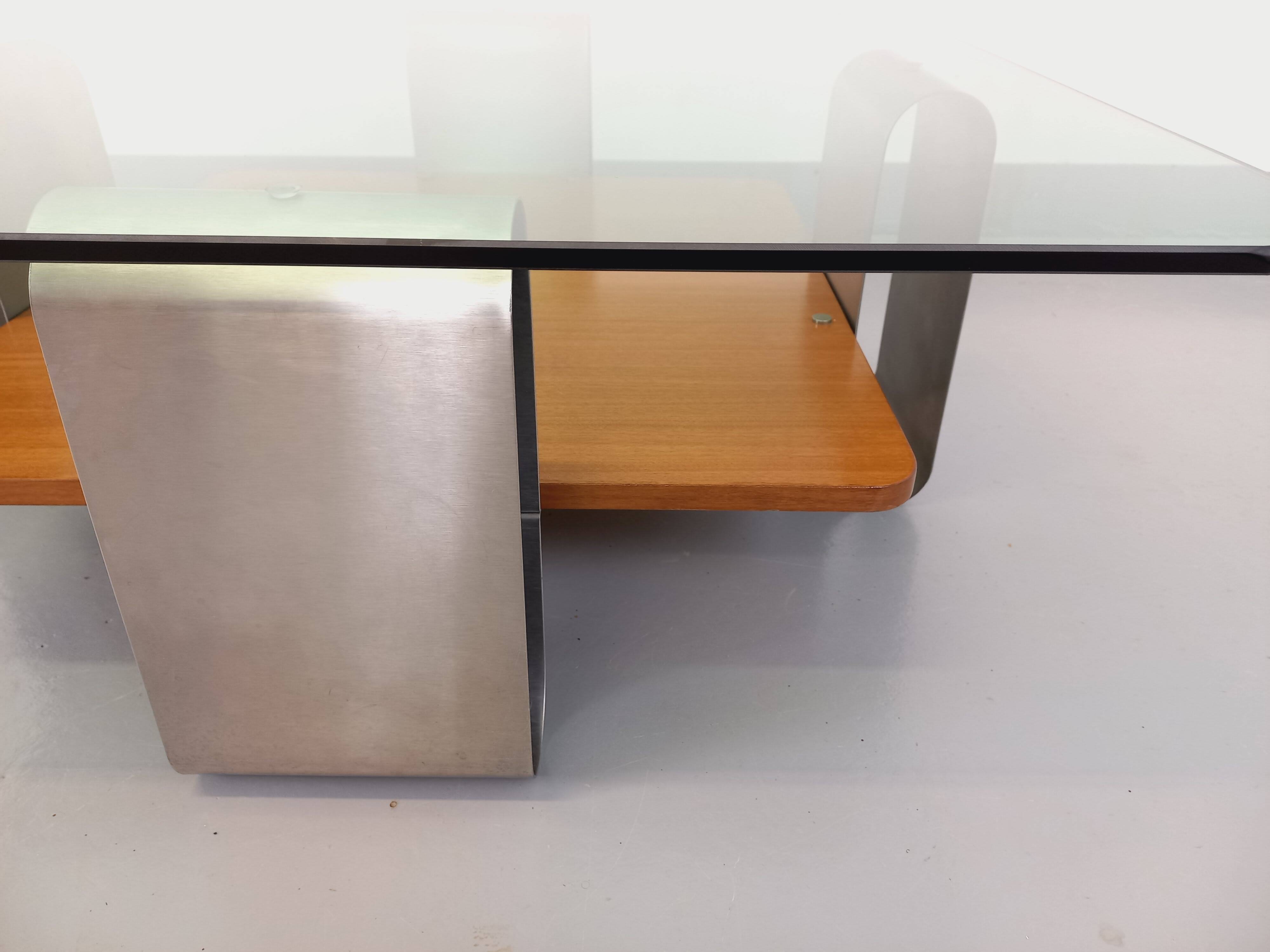 Square coffee table with 2 trays, vintage Space Age style from the 70s, in bluish smoked glass, teak