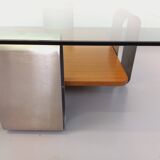 Square coffee table with 2 trays, vintage Space Age style from the 70s, in bluish smoked glass, teak