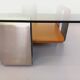 Square coffee table with 2 trays, vintage Space Age style from the 70s, in bluish smoked glass, teak