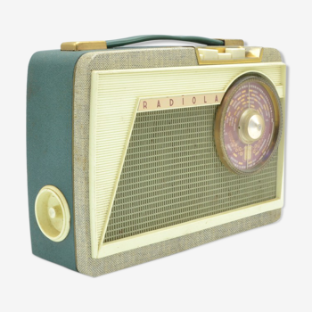 Vintage Bluetooth Radiola portable radio from 1959 (on drums)