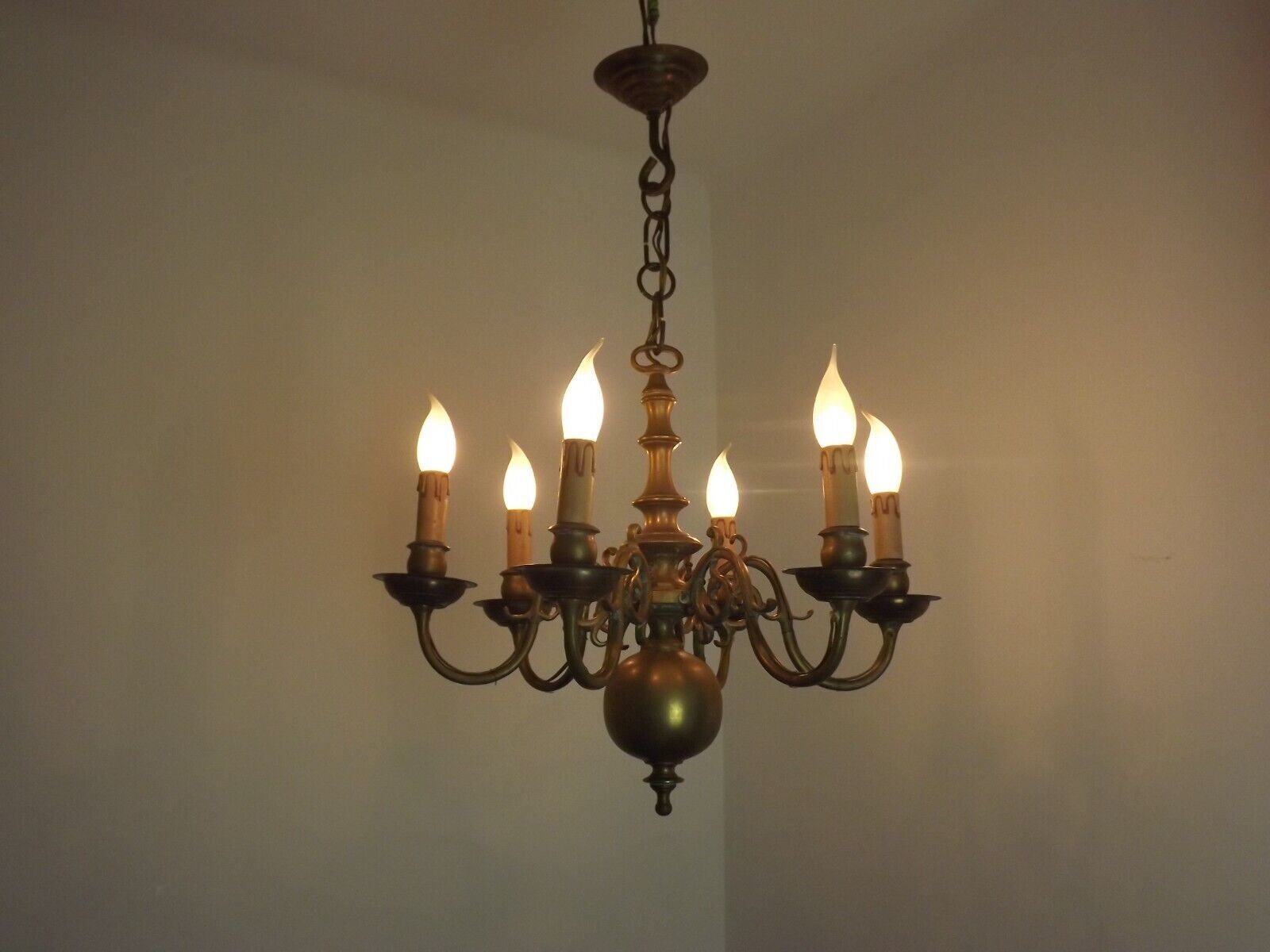 Vintage French 6 Light Heavy Brass Flemish Style Chandelier Card Drips 4050