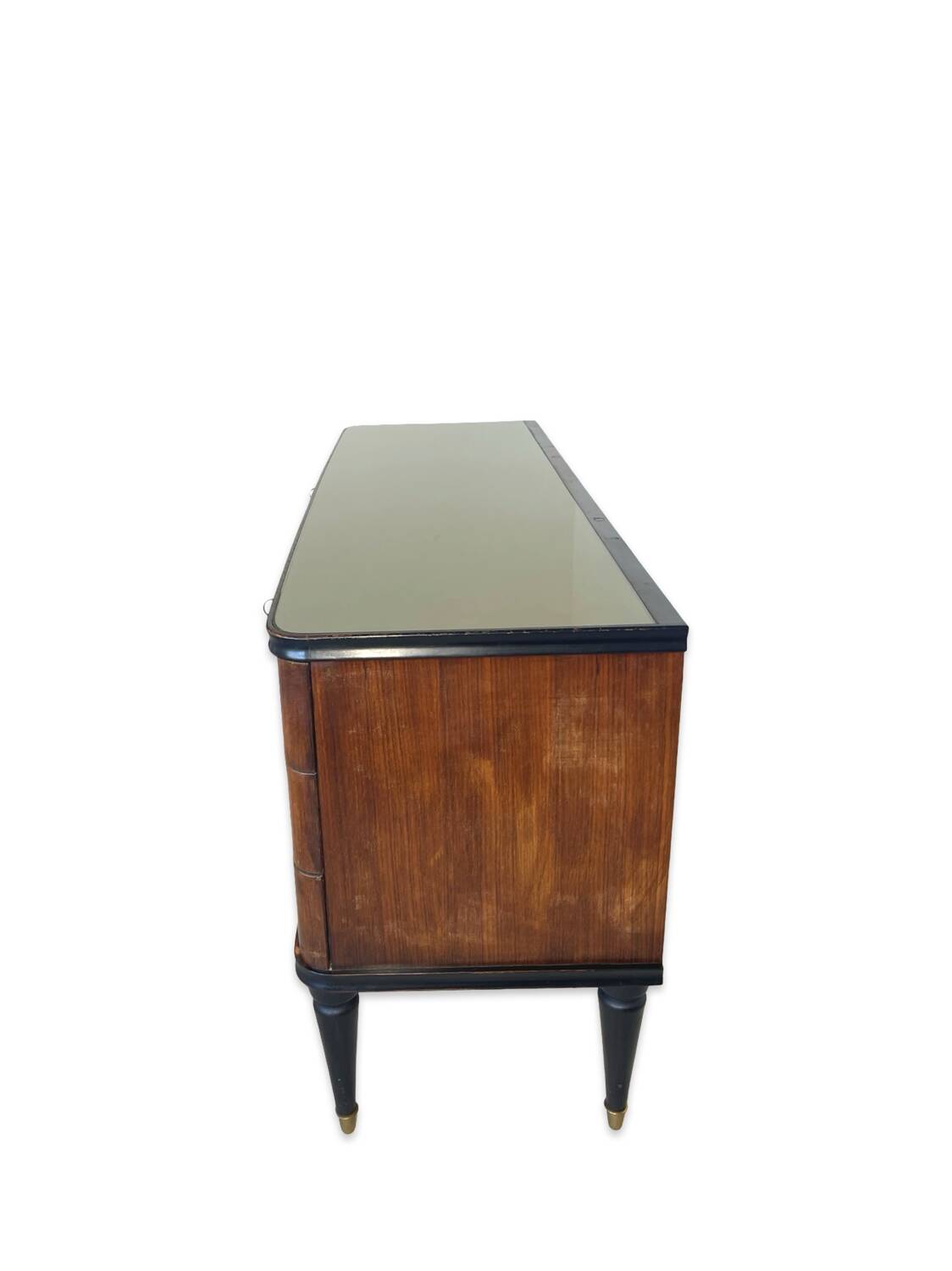 Commode en acajou plaqué avec plateau en verre vert, années 1950