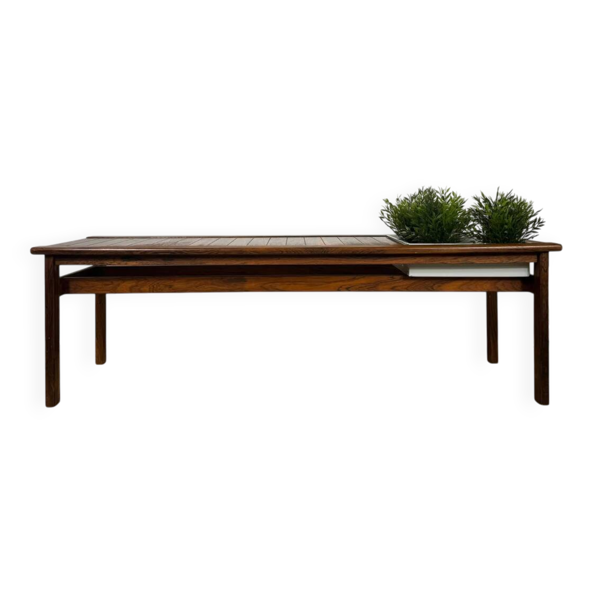 Banc en palissandre Mid-Century avec porte-plantes – Design scandinave