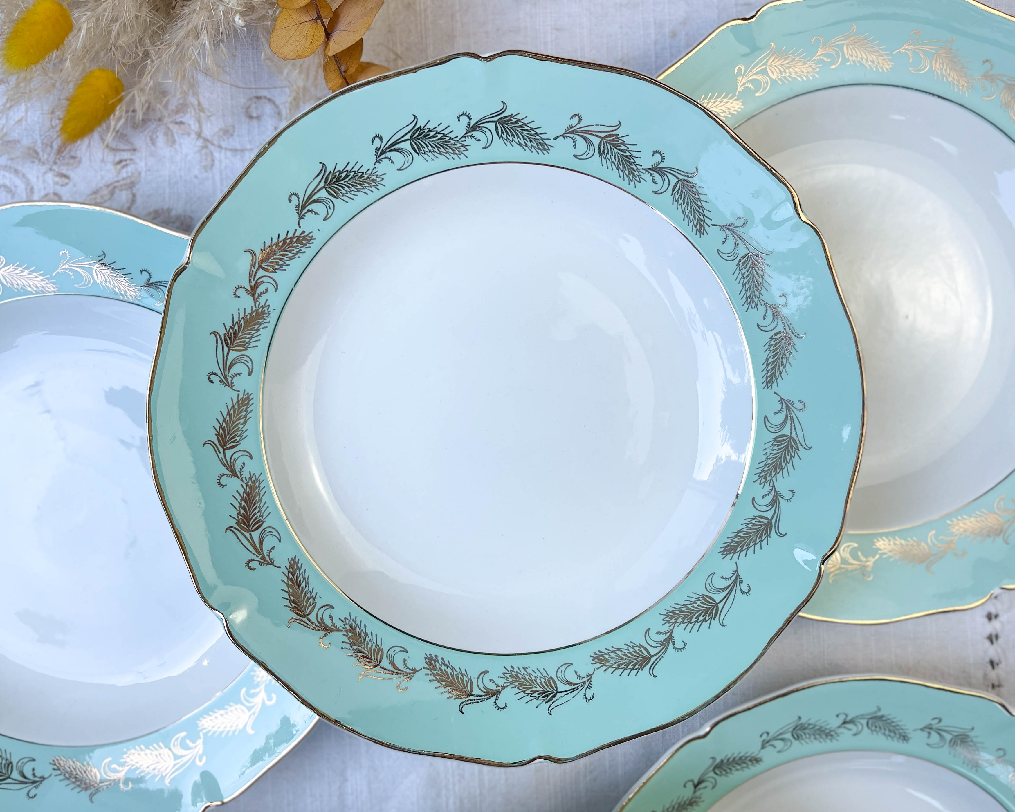 6 assiettes creuses st amand céranord modèle picardie en faïence blanche verte dorée