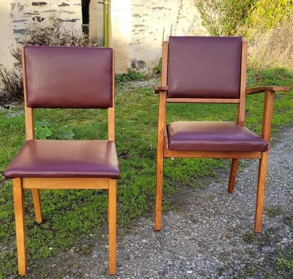 Pair chair/armchair wood and burgundy skaï, 50s