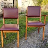 Pair chair/armchair wood and burgundy skaï, 50s