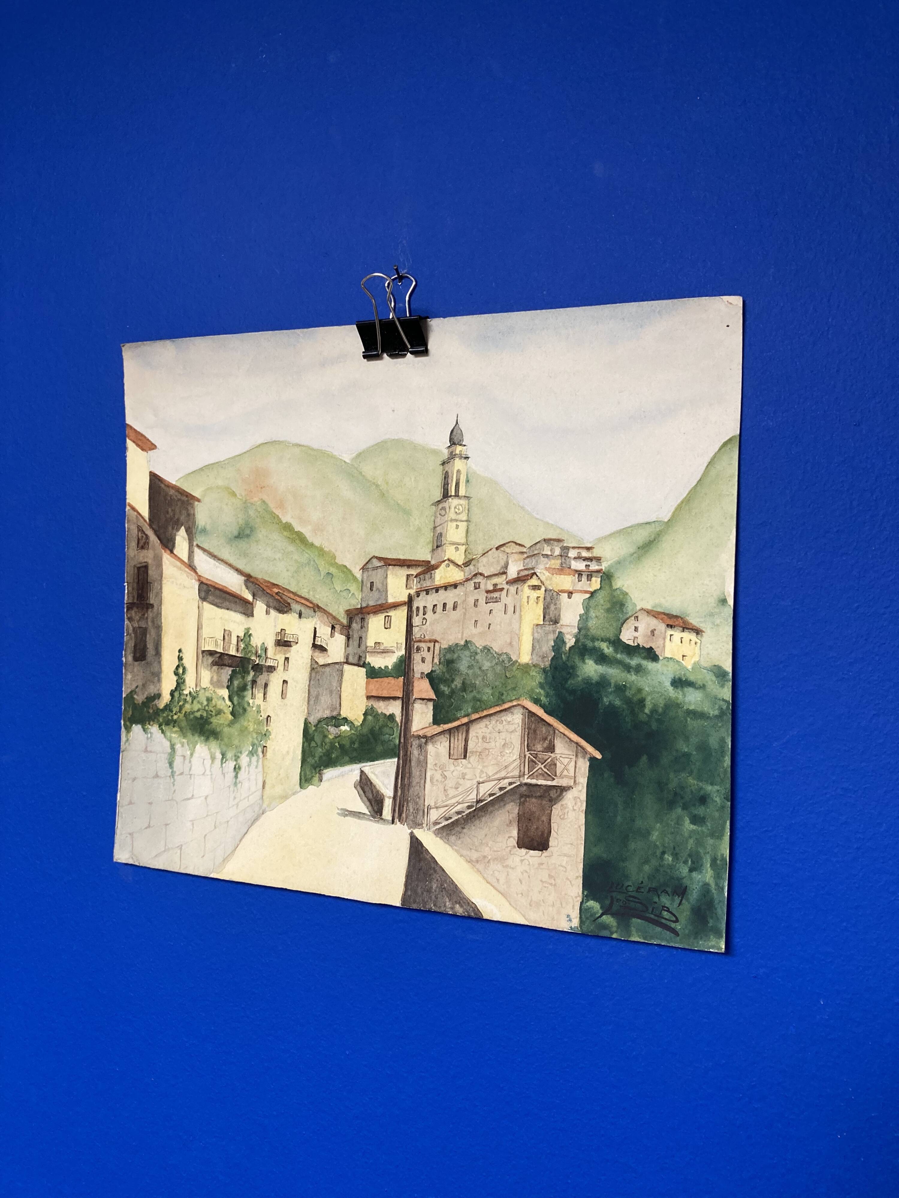 Signed watercolor of landscape with bell tower