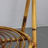 1960s Italian rattan coffee table with glass top, mid-century round design