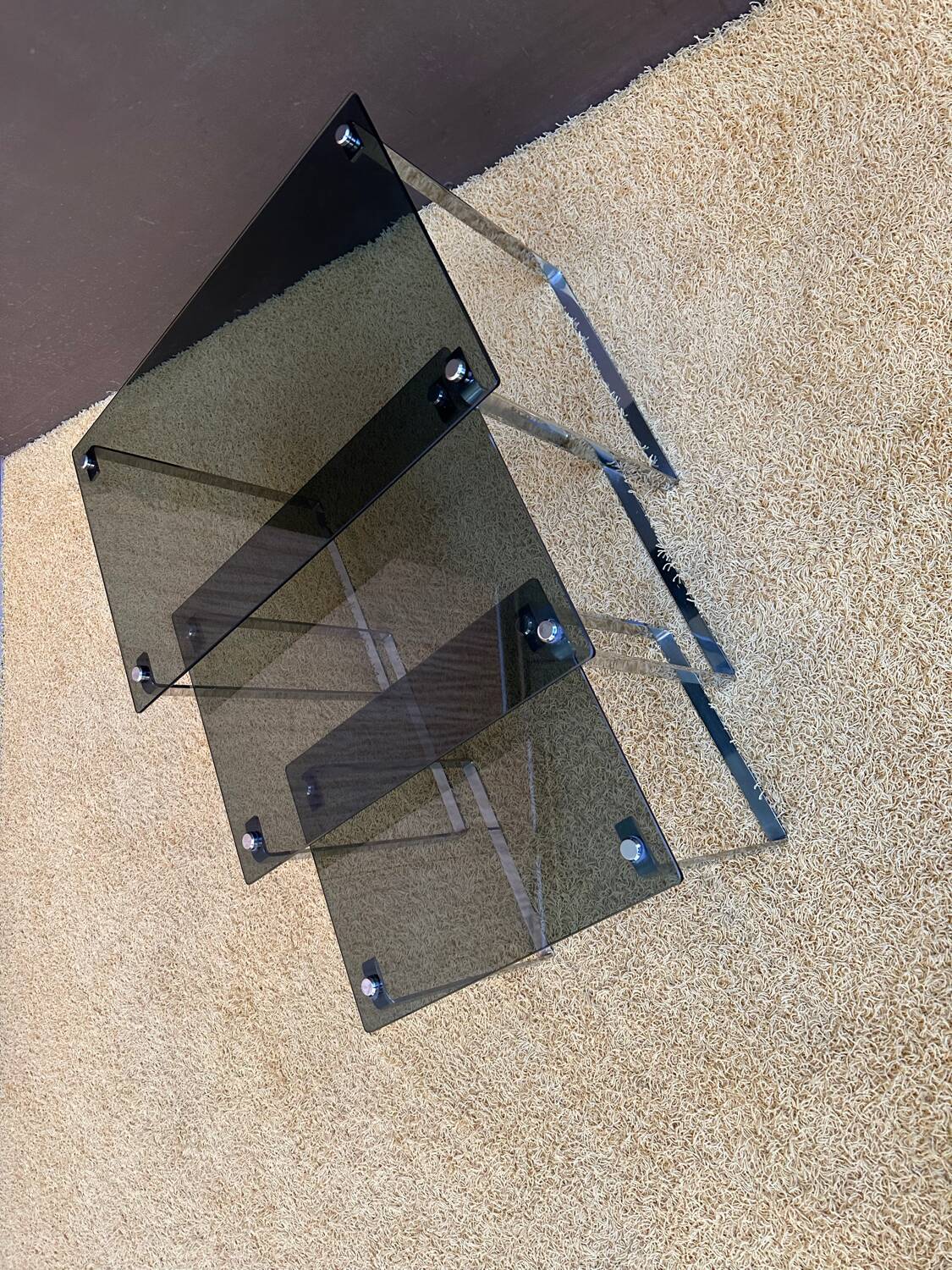 Set of 3 nesting tables in metal and smoked glass