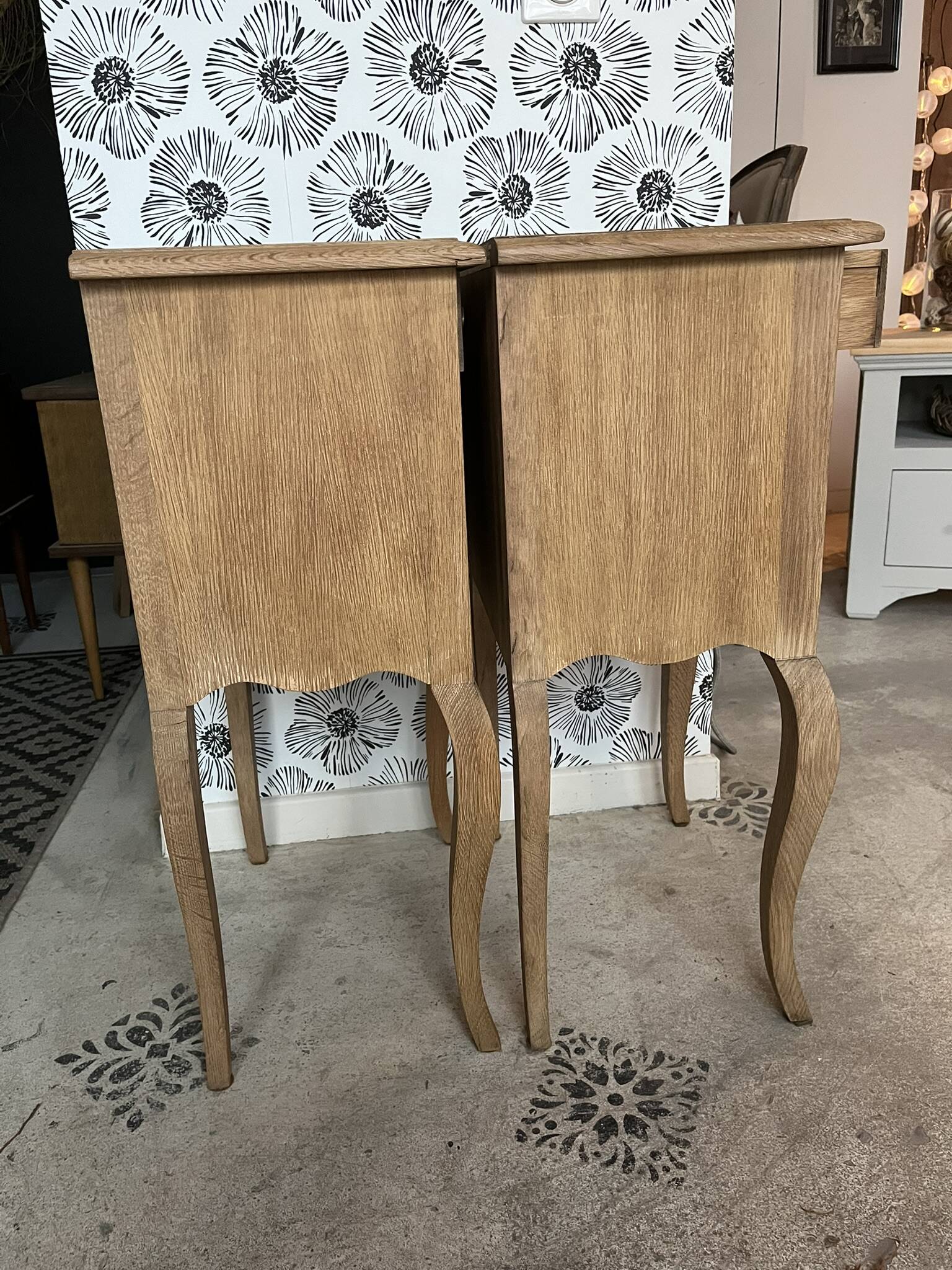 Pair of vintage wooden bedside tables Zoé and Noé with drawers.
