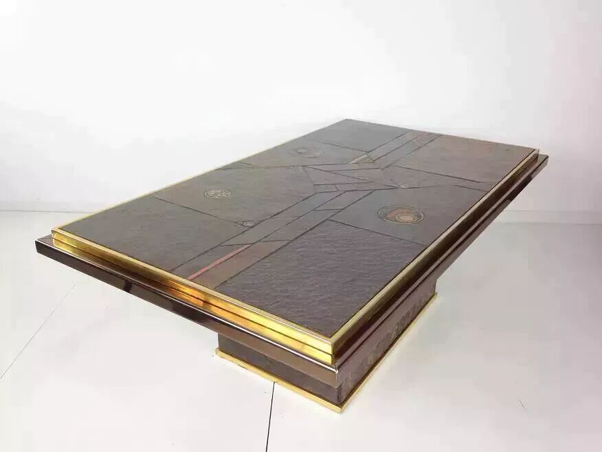 70s Brutalist Coffee Table in Brass, Bronze and Stone