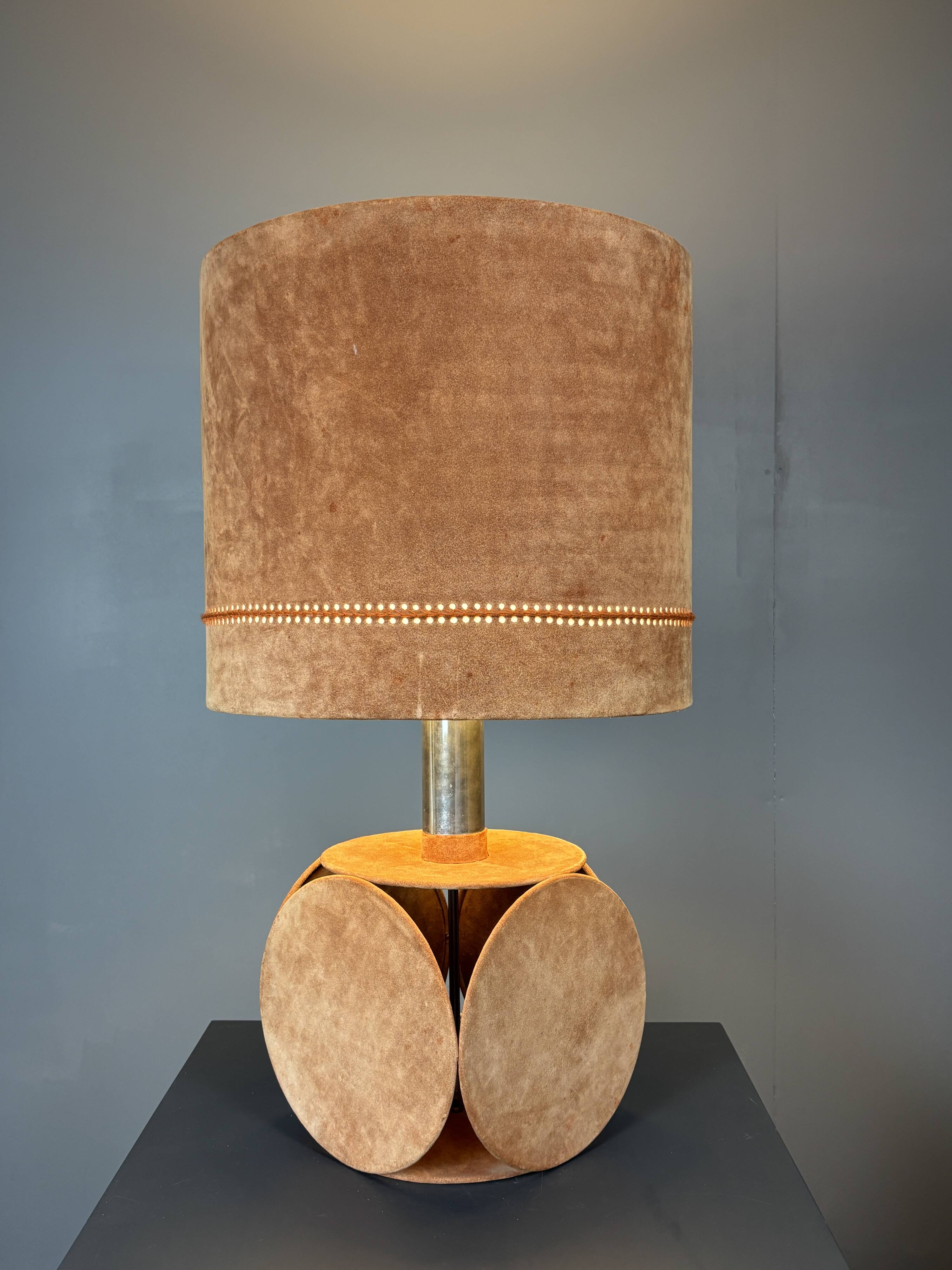 Midcentury XL ( 82 cm ) imposing terracotta suede table lamp. 1970s
