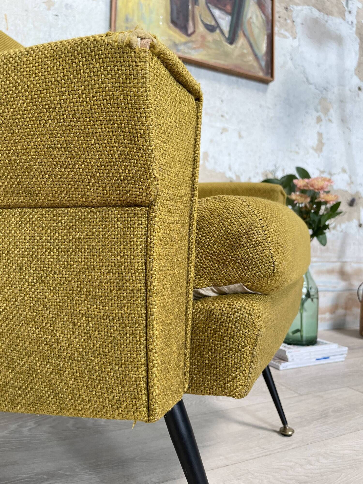 Vintage armchair in fabric and metal compass legs, circa 1950.