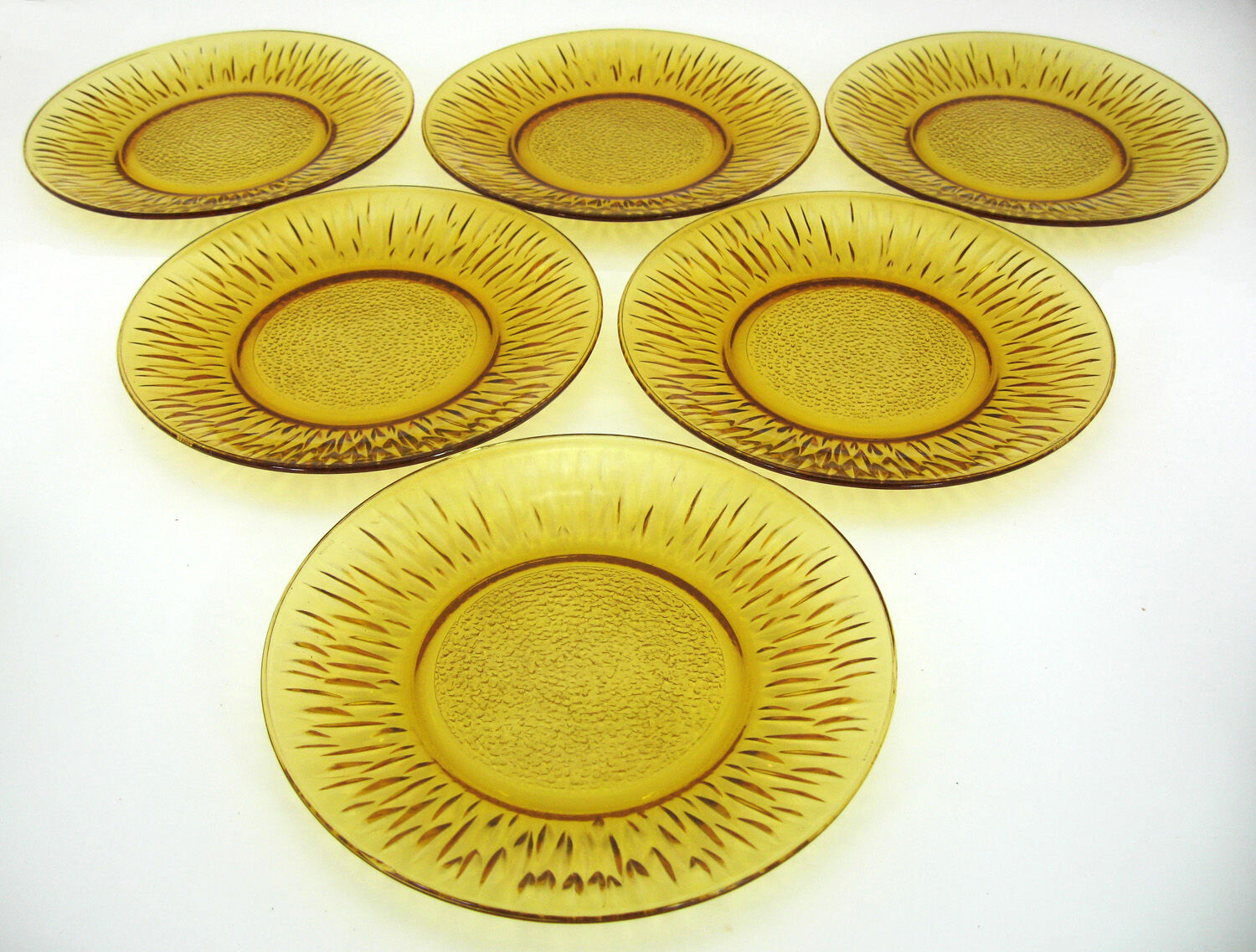 6 flat plates in amber tempered glass - Soleil Vereco France - vintage 70s