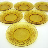 6 flat plates in amber tempered glass - Soleil Vereco France - vintage 70s