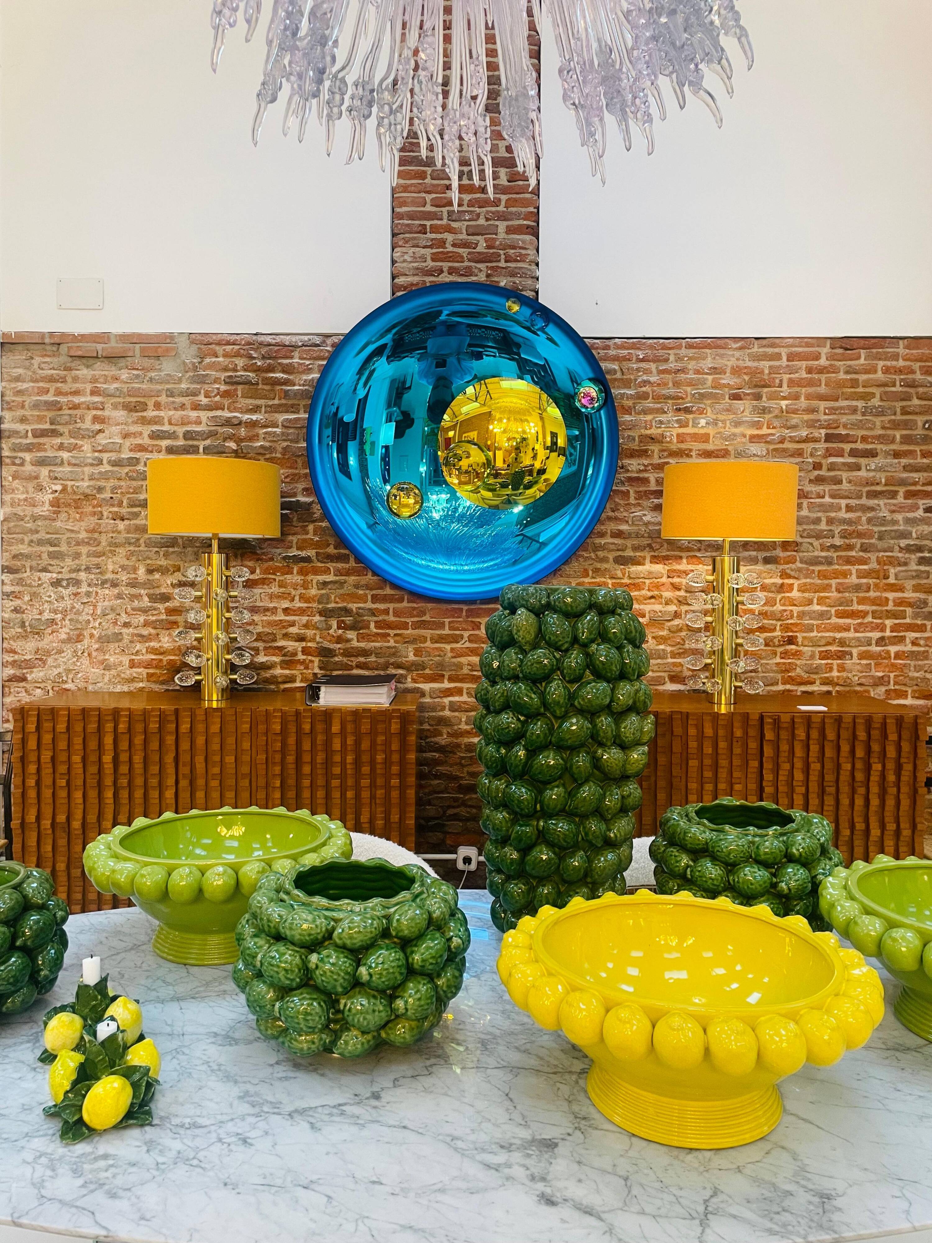 Modern Sculptural Concave French Mirror - Handmade Wall Art in Blue Glass