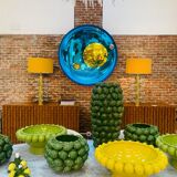 Modern Sculptural Concave French Mirror - Handmade Wall Art in Blue Glass