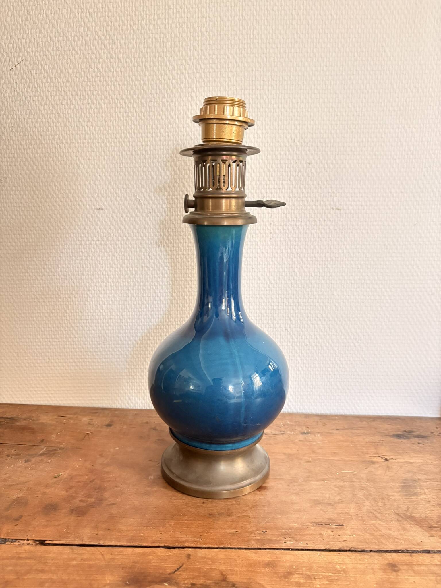 Blue Enamelled Ceramic Lamp Base Brass Vintage Oil Lamp Style