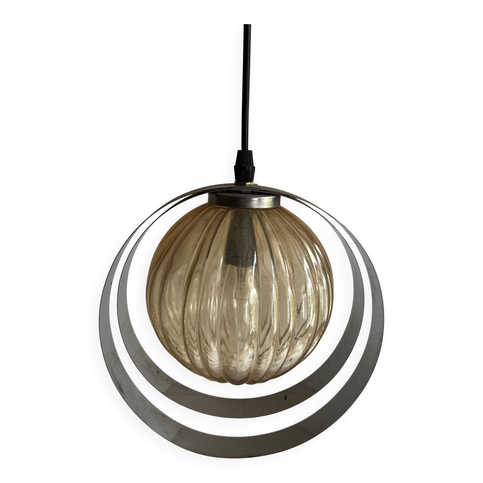 Space Age Chrome Rings Amber Globe Pendant Light