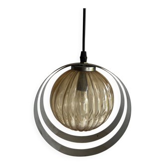 Space Age Chrome Rings Amber Globe Pendant Light