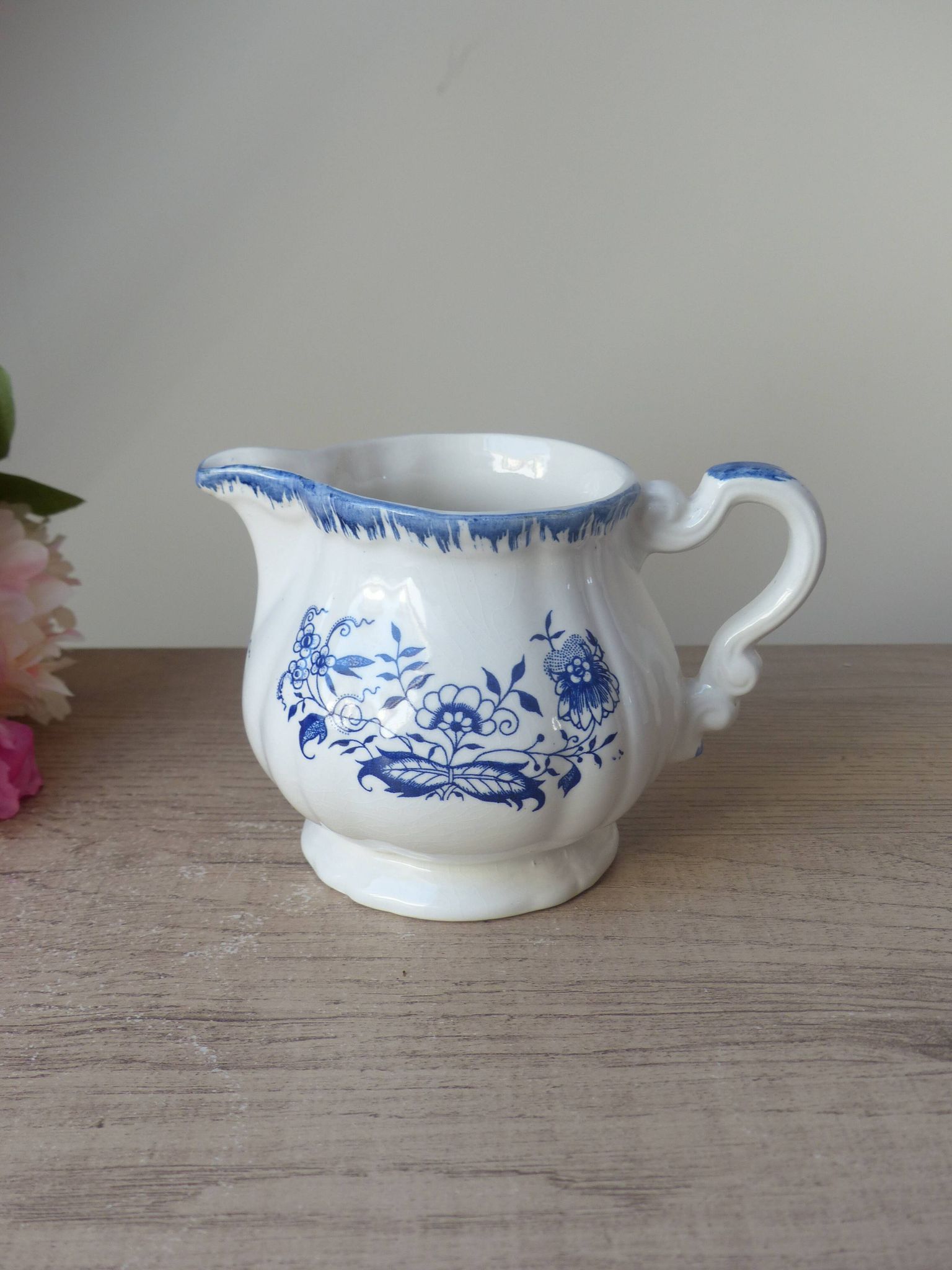 Old Milk Jug, Creamer, Pourer, Sarraguemines Lancaster Blue Flower Decor Vintage