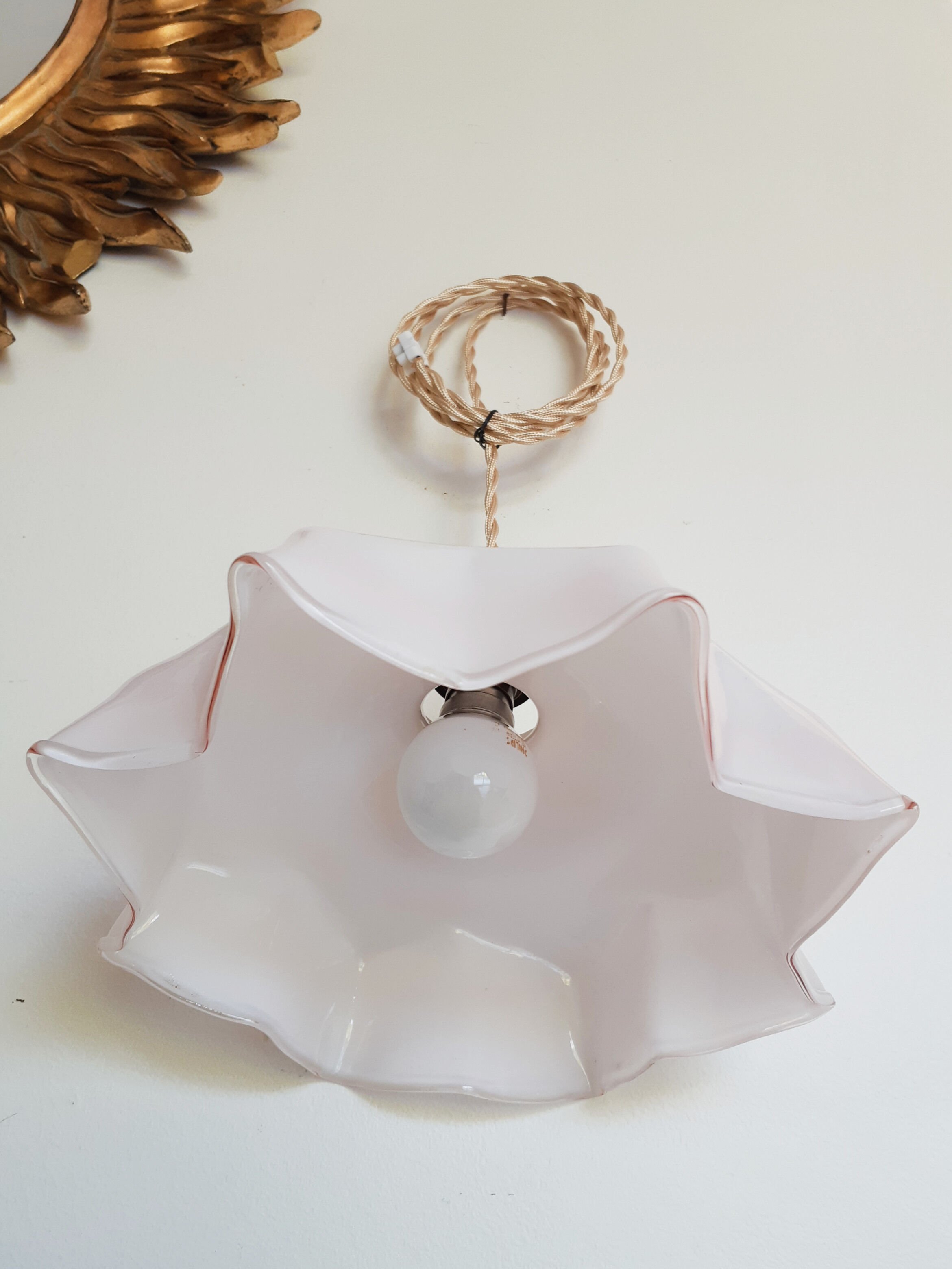 Vintage pastel pink and white glass luminaire, petticoat shape