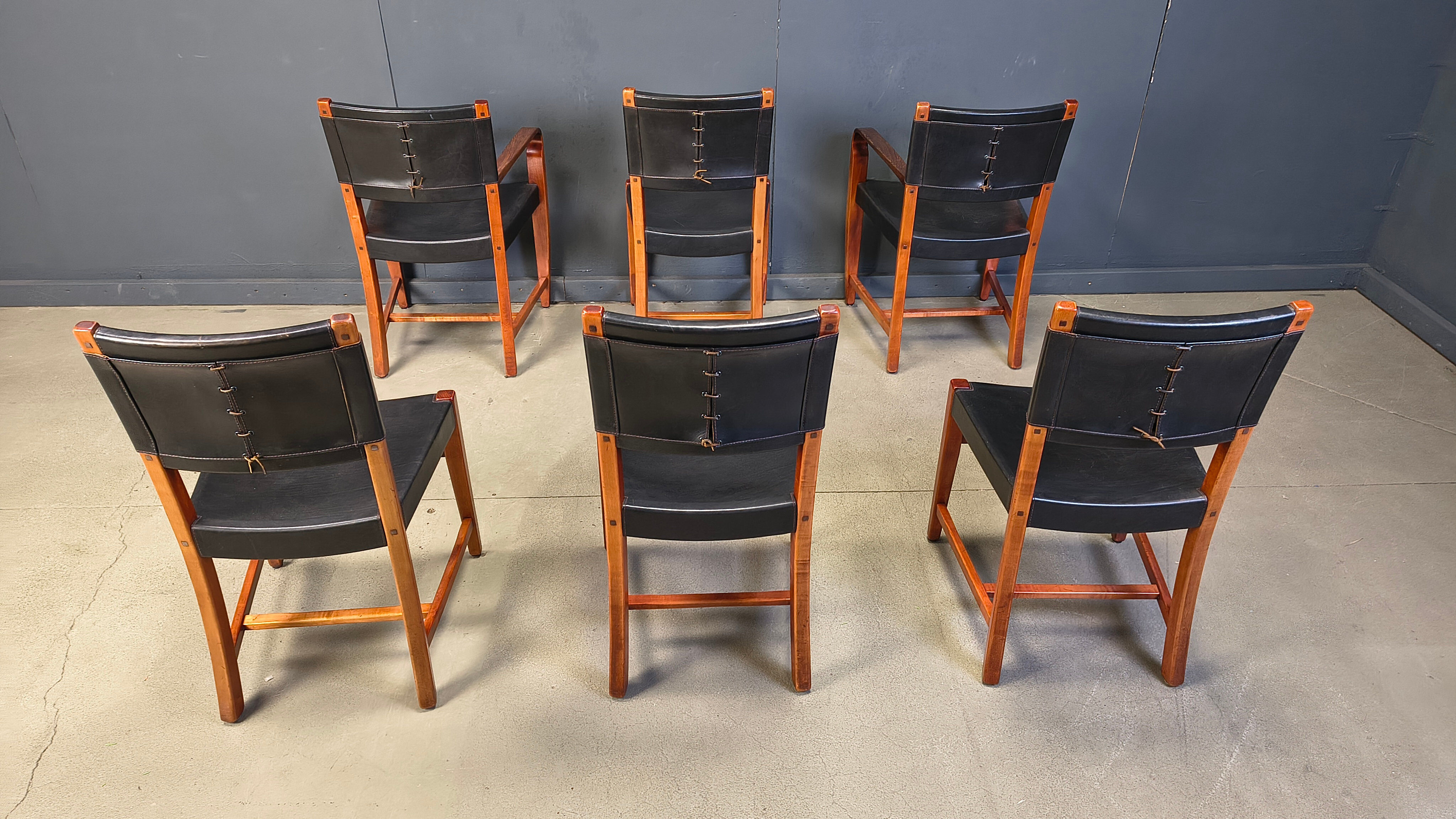 Vintage Spanish leather and wood dining chairs, set of 6 - 1970s