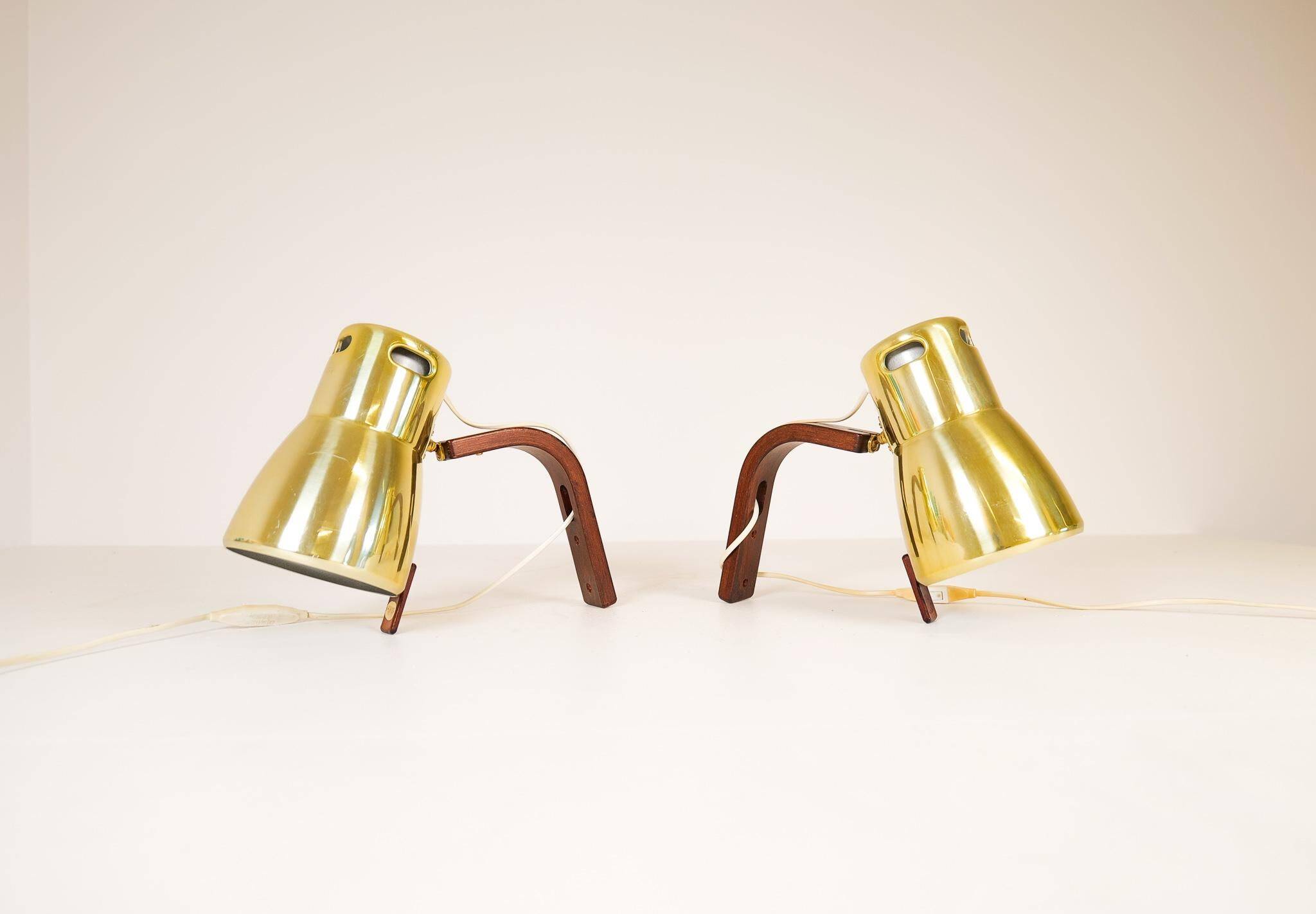 Hans-Agne Jakobsson Wall Lamps in Brass and Stained Wood, Sweden, 1970s