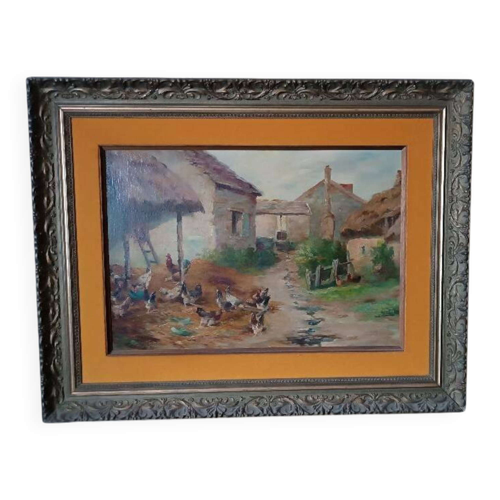 Oil painting on canvas Edmond Van Coppenolle (1846-1914) Landscape with chickens