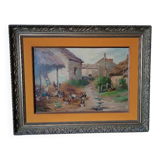 Oil painting on canvas Edmond Van Coppenolle (1846-1914) Landscape with chickens