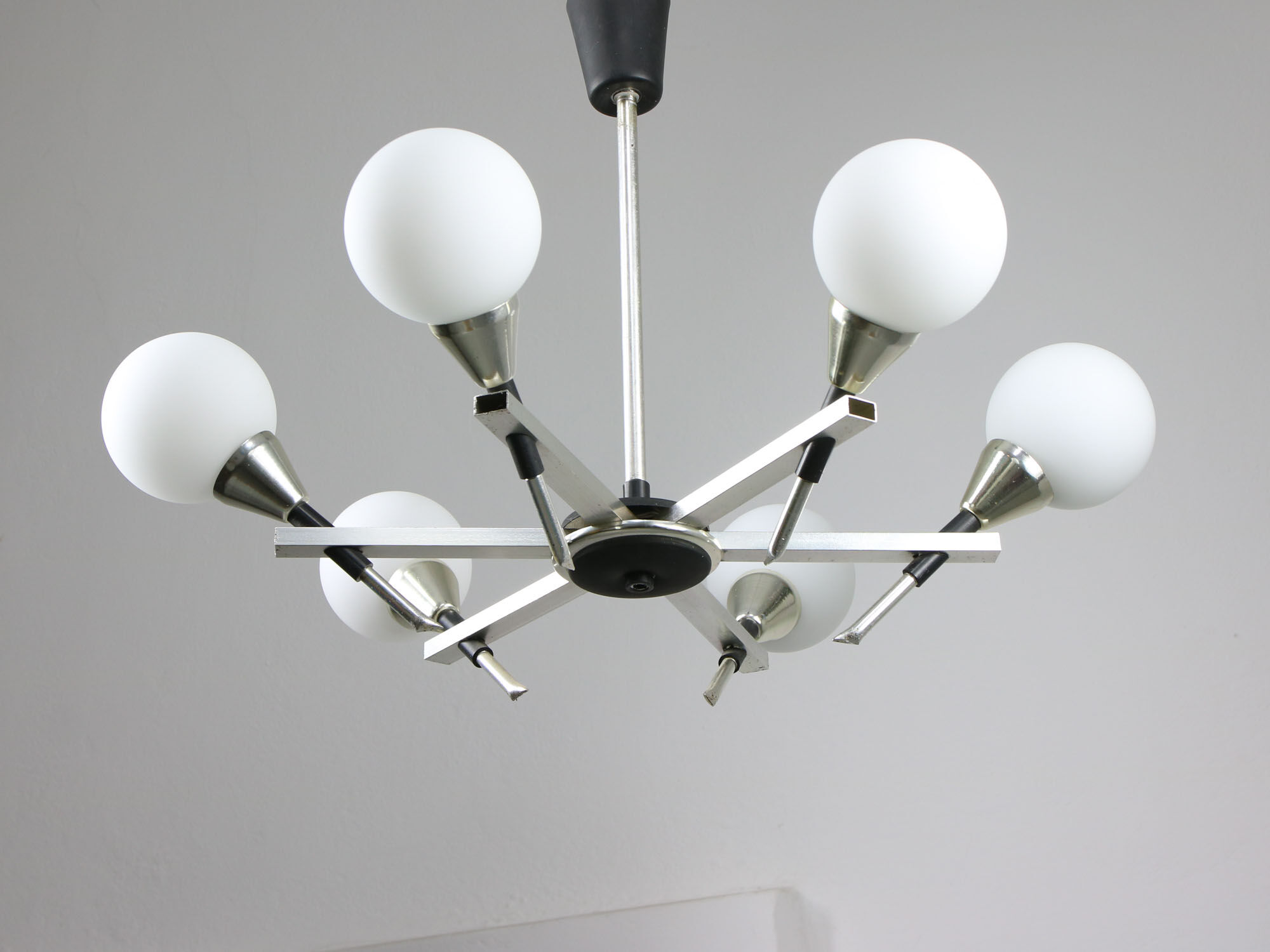 Italian Space-age Aluminum and Opaline Glass Chandelier