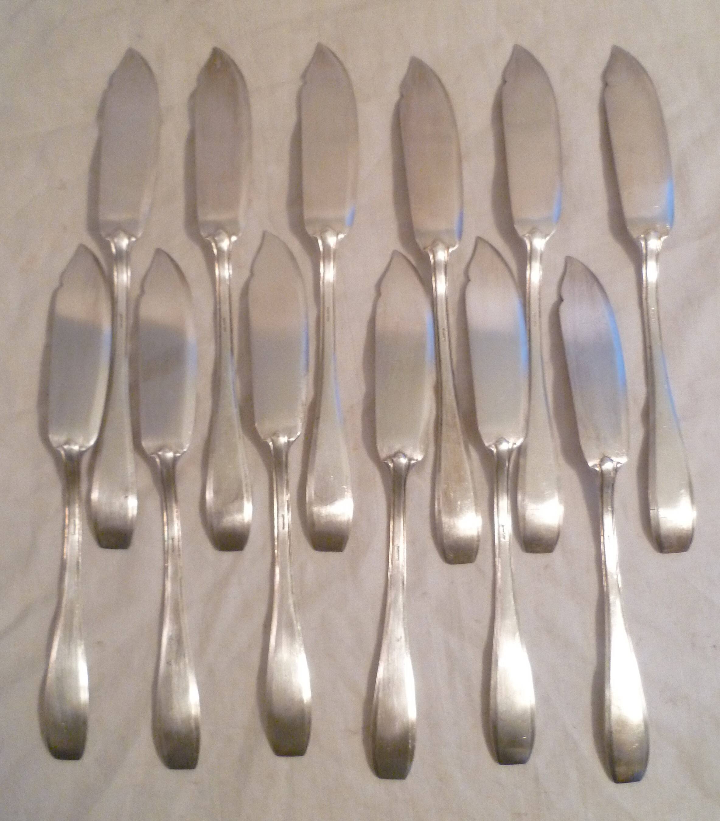 12 fish knives in silver met. hallmark ow belgium design model