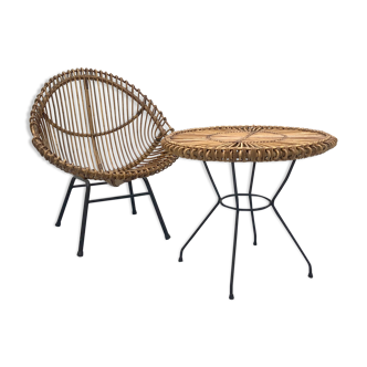 Rattan chair and table, 1960s
