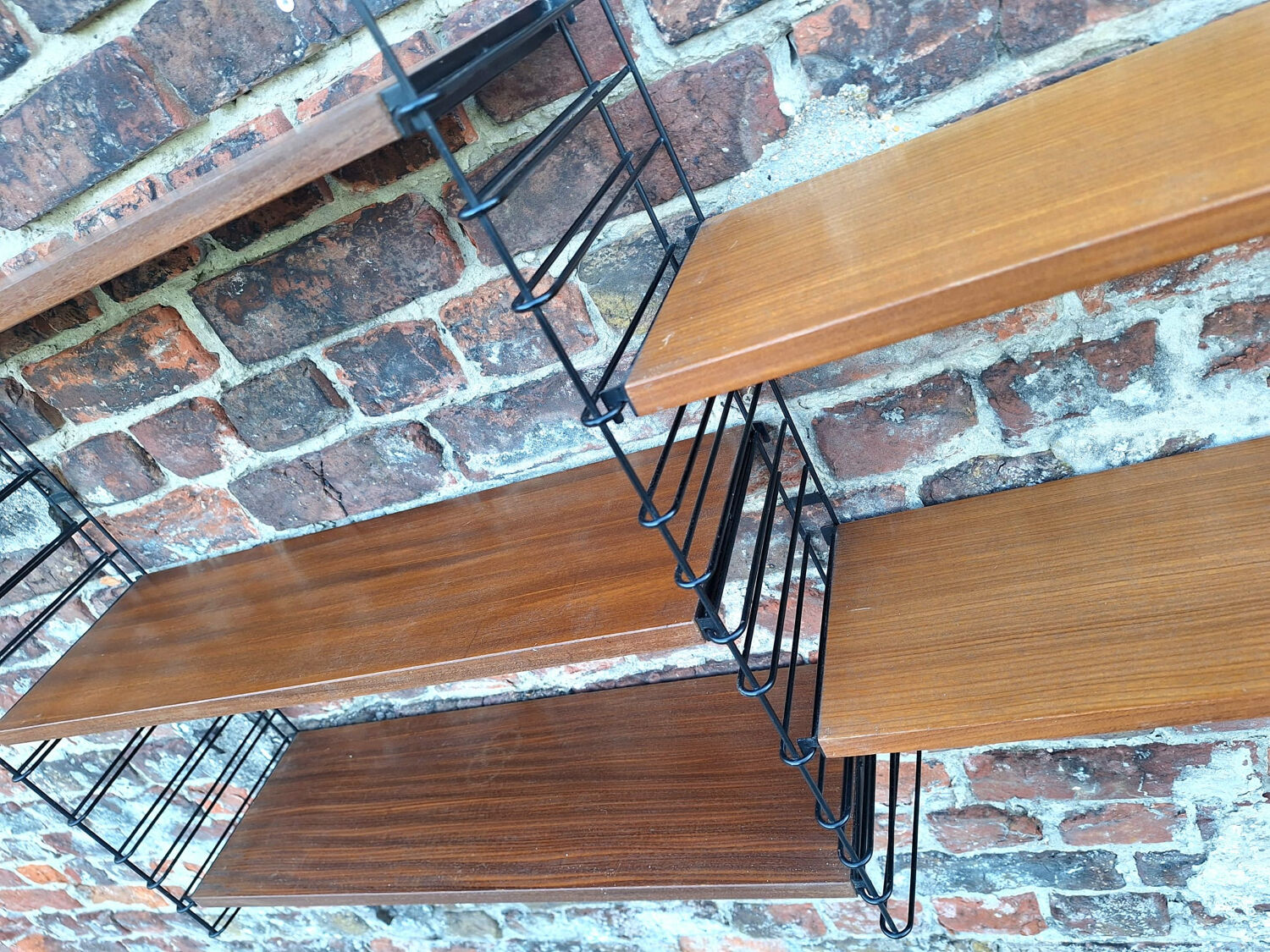 Vintage wood and metal shelves, designer storage.