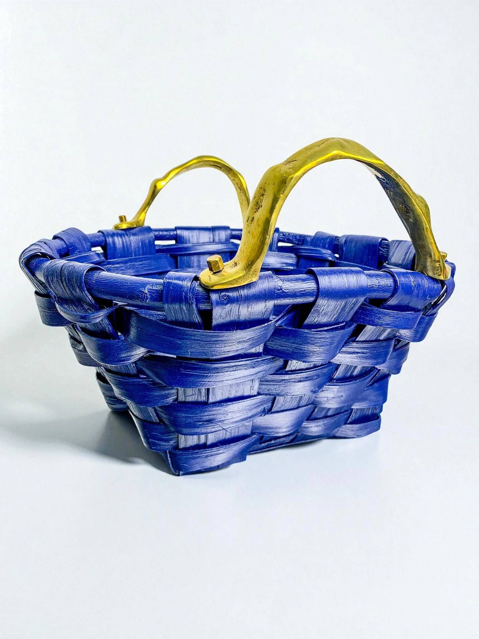 Brutalist large basket by David Marshall, cobalt blue rattan & bronze handle, 1980s