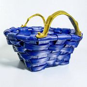 Brutalist large basket by David Marshall, cobalt blue rattan & bronze handle, 1980s