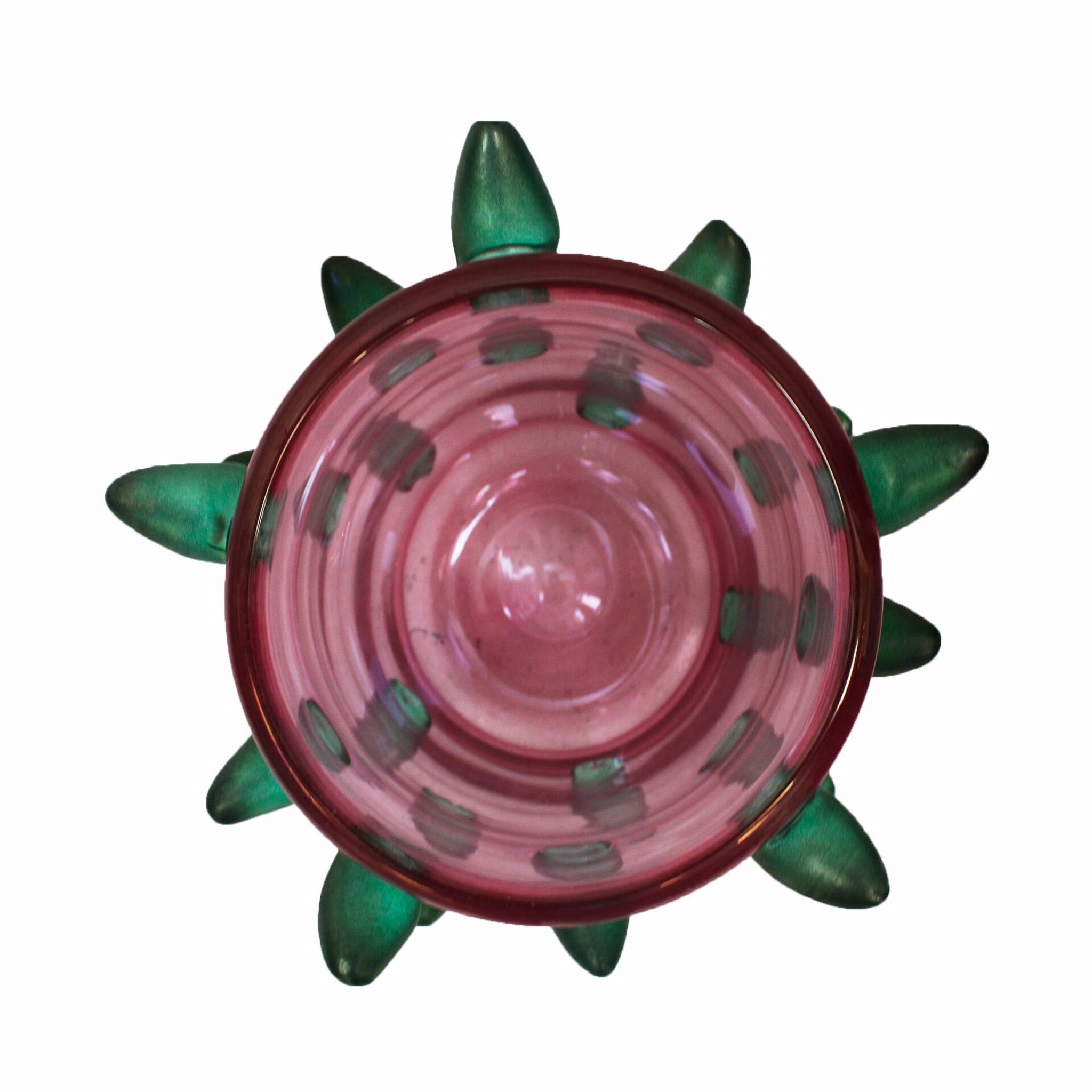 Two Pink and Green Murano Glass Art Deco Vases with Applied Spikes, 80s