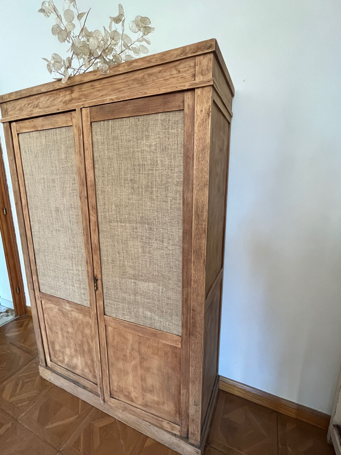 Raw wood cabinet & burlap