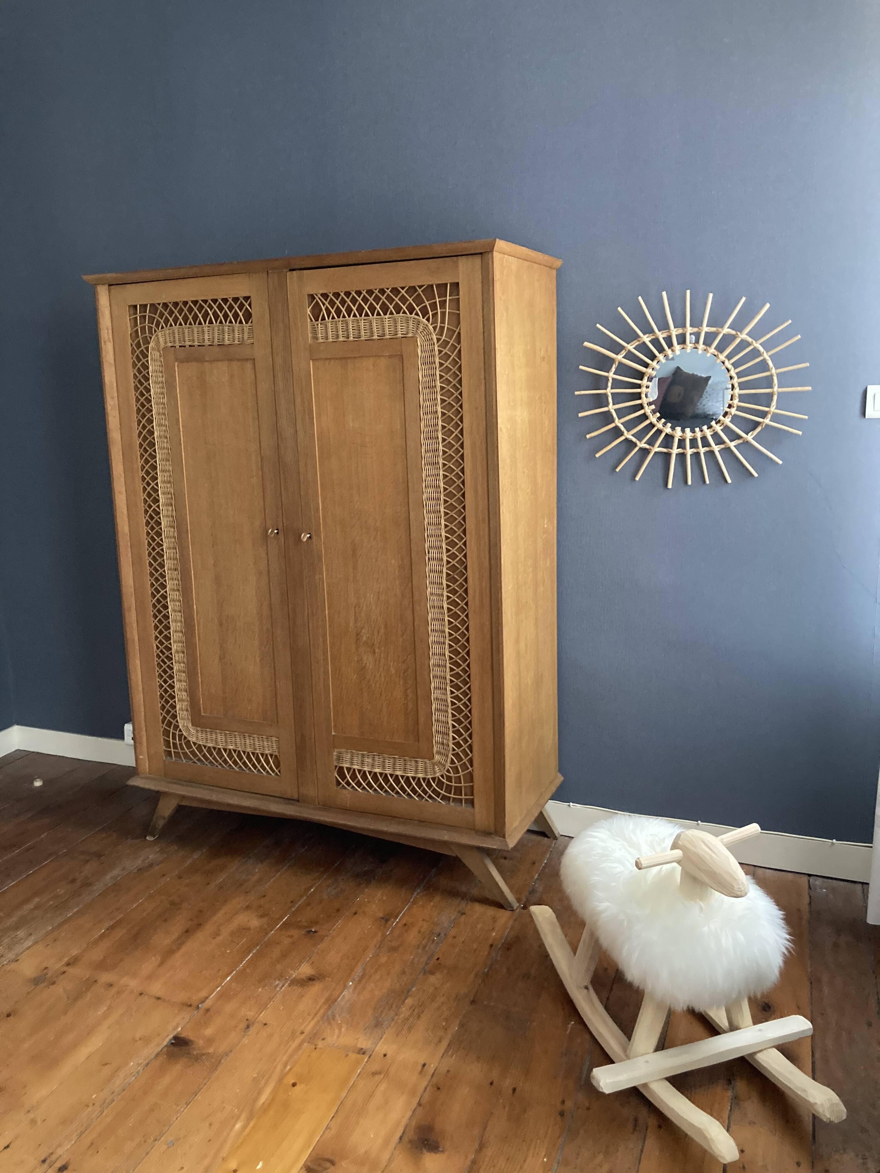 Rattan cabinet and vintage light oak