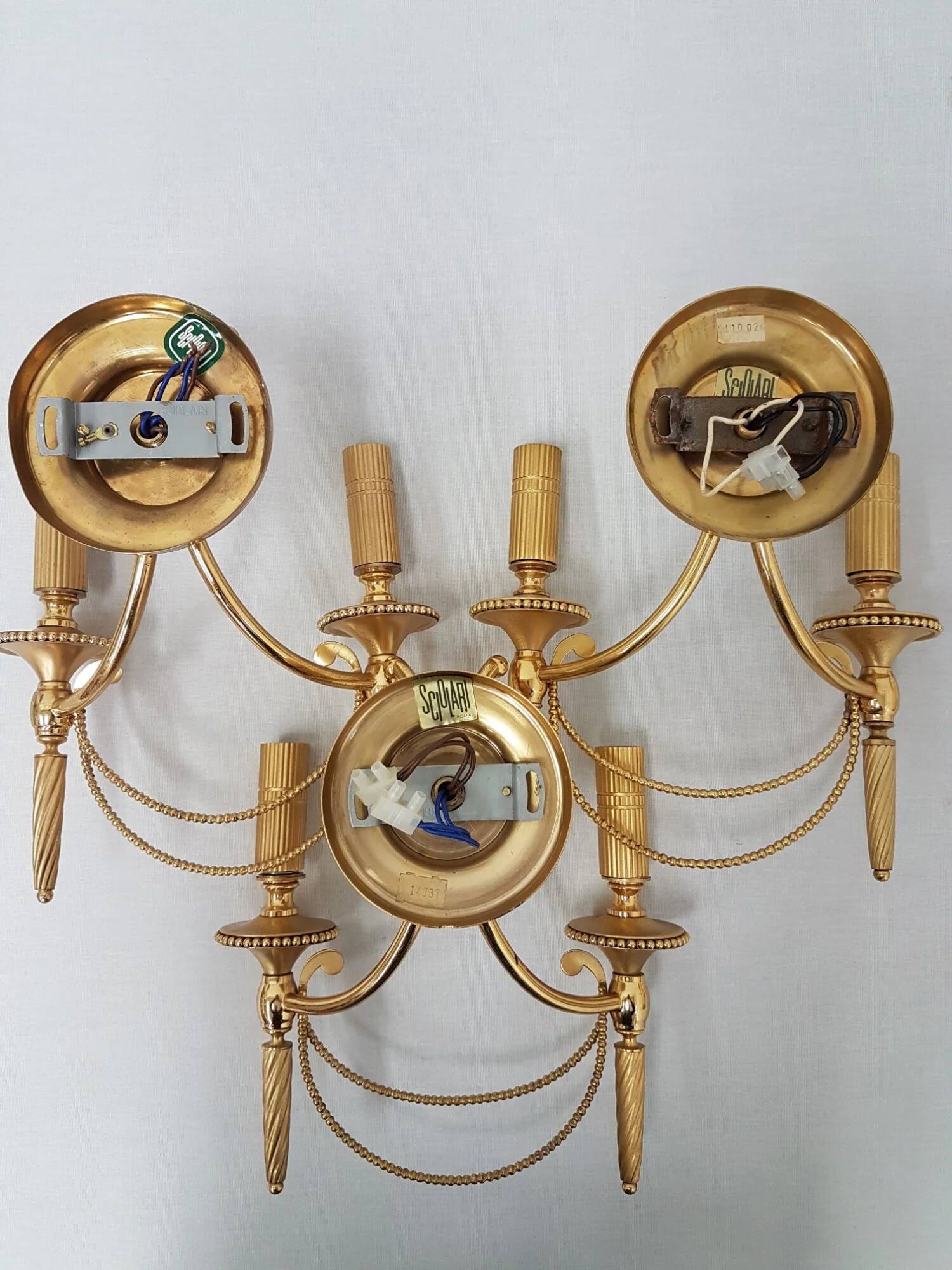 Set of 3 vintage Sciolari wall lights gold plated brass Italian 1960s
