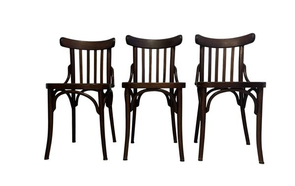 Série de 3 chaises bistrot en bois vintage vers 1950
