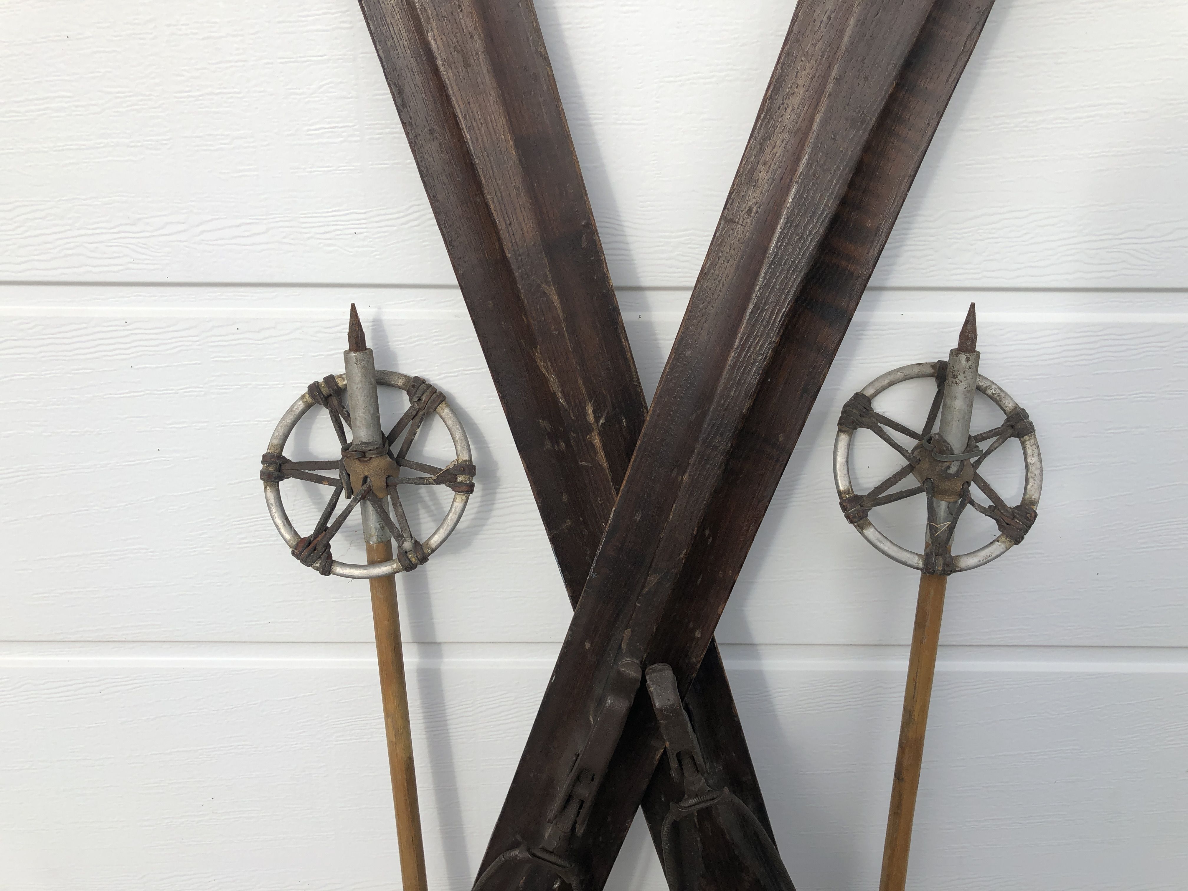 Former pair of Ramy wooden skis - vintage mountain chalet deco sticks