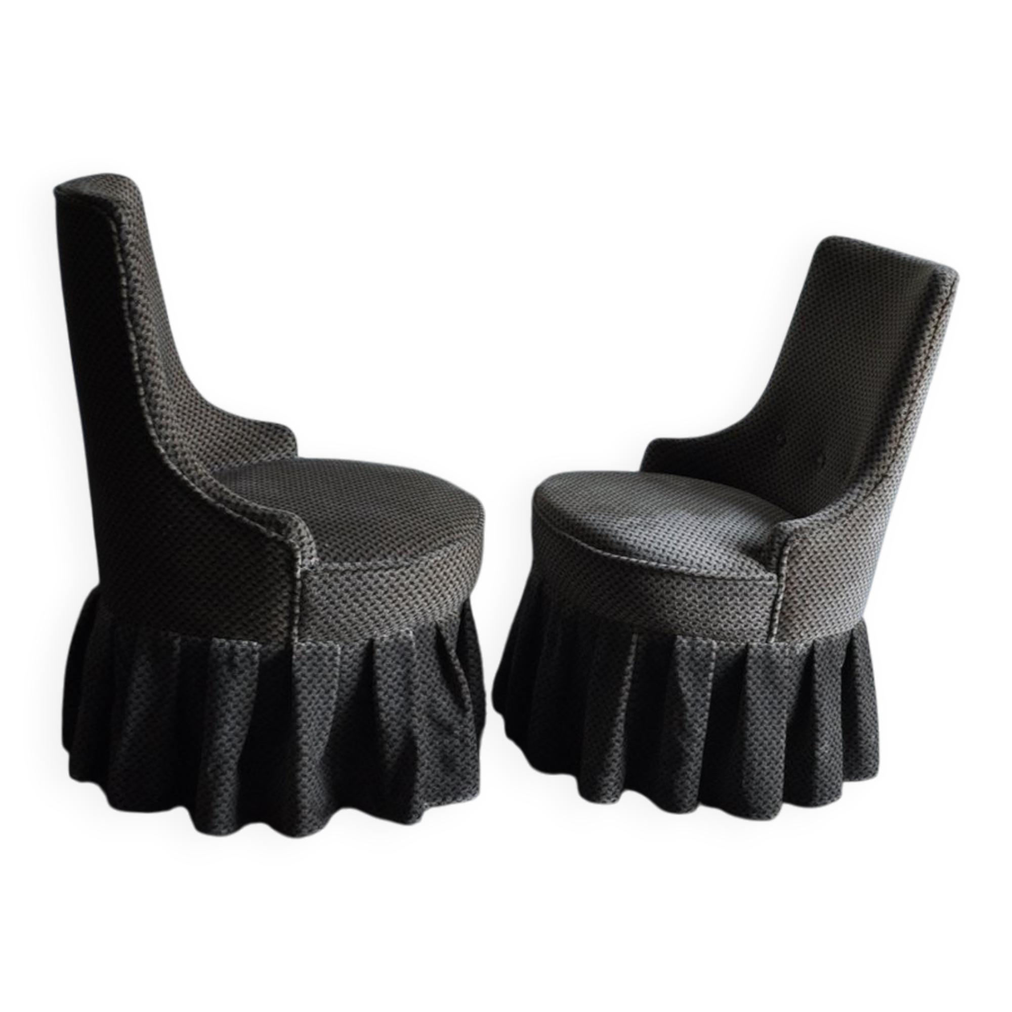 Mid-Century brown fabric armchair with skirt, wooden frame — 1950s