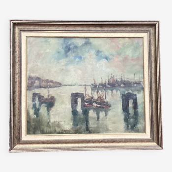 Ancien tableau Marine Huile sur toile signé cadrée dimension : hauteur -64,5cm- largeur -74,5cm-