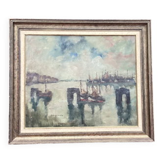 Old Marine painting Oil on canvas signed framed dimension: height -64.5cm- width -74.5cm-