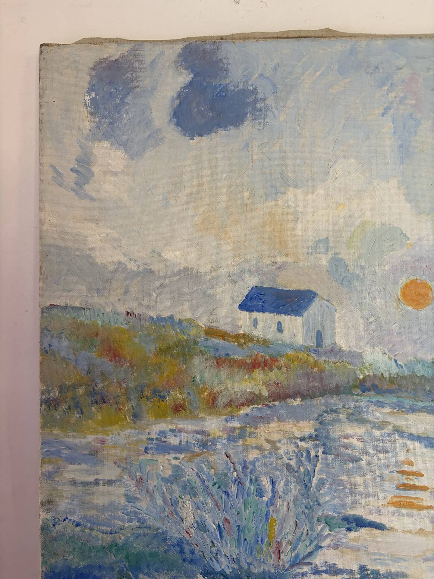Blue landscape, riverbank, oil on canvas signed 1970