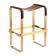 Contemporary kitchen bar stool, aged brass metal and dark brown leather.
