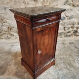 Antique Louis-Philippe style bedside table with walnut veneer and marble top